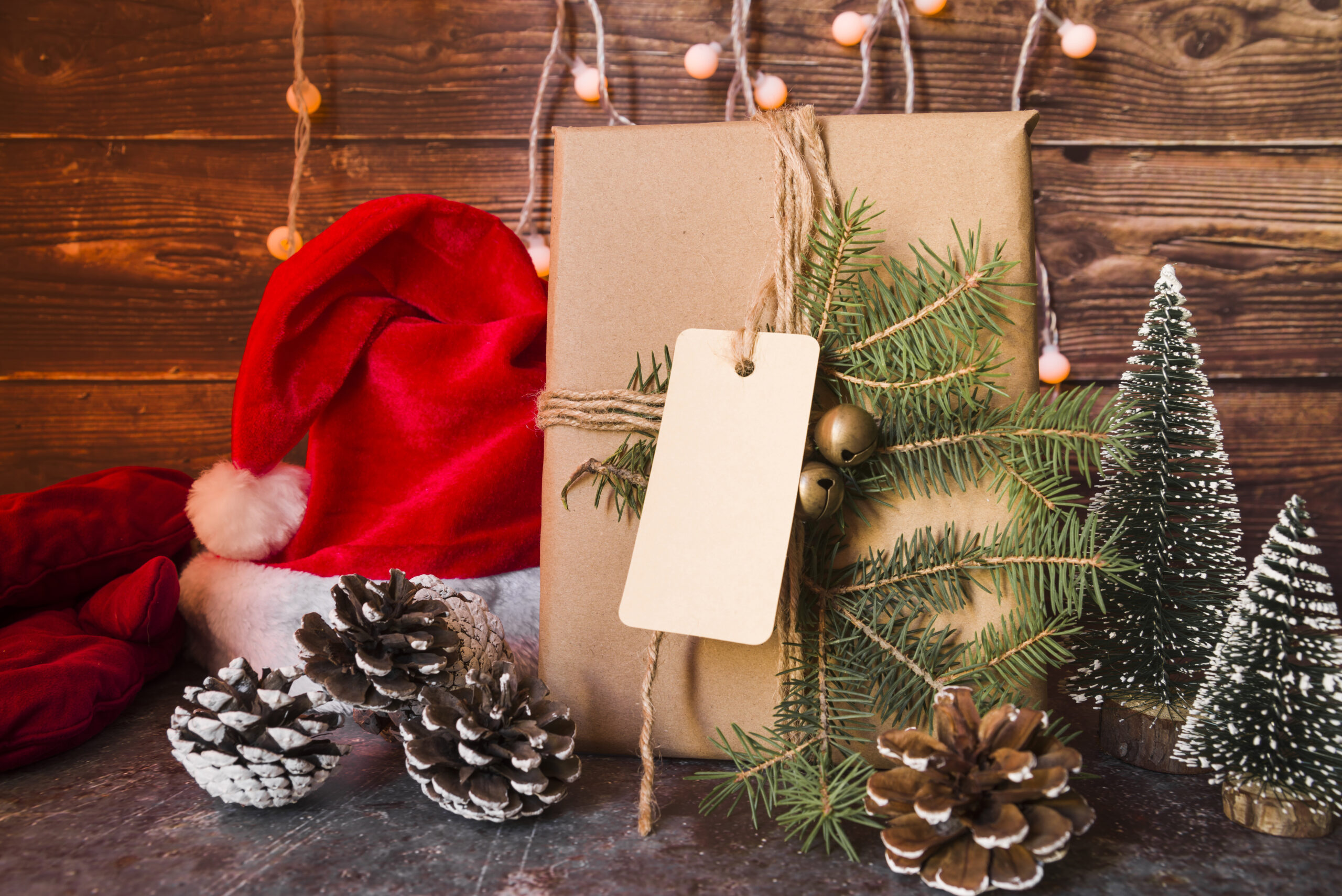 christmas-hat-near-gift-box-decorated-fir-twig-with-label